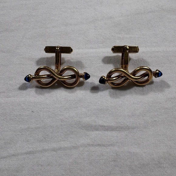 The Unbranded Brand Other - 14K Gold Knot Cufflinks with Blue Stones Mens Formal Wear